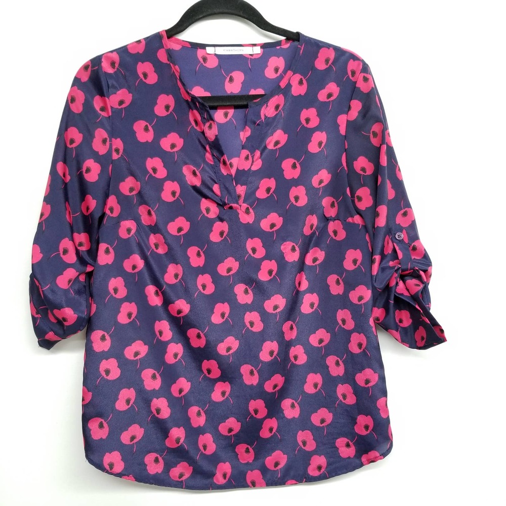 41 Hawthorne Poppies Print Split Neck Blouse Small